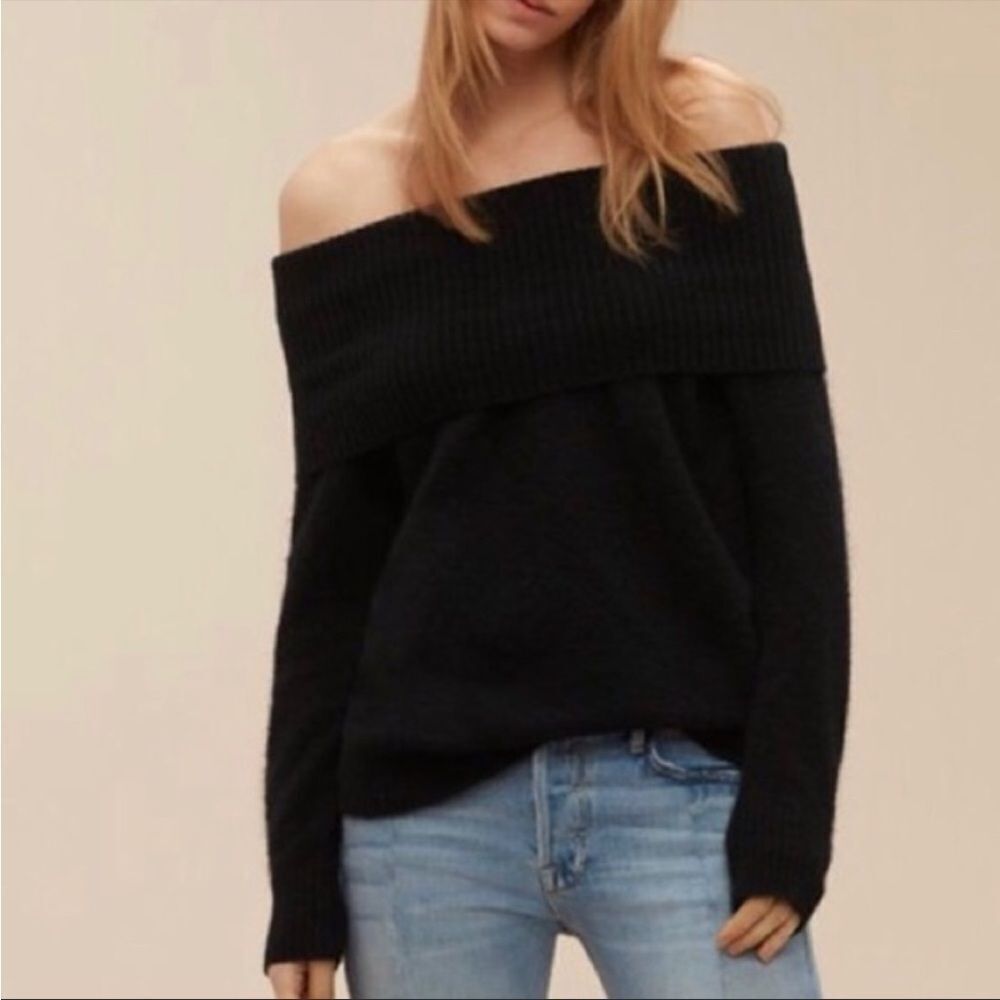 ARITZIA Wilfred Faretta Wool Alpaca Off Shoulder Cowl Neck Sweater Black XXS
